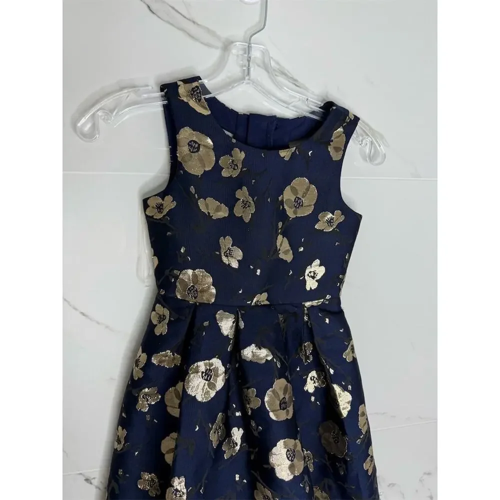 Trixxi Girl Floral Fit & Flare Dress Navy Gold Knee Length Size 7 party holidays